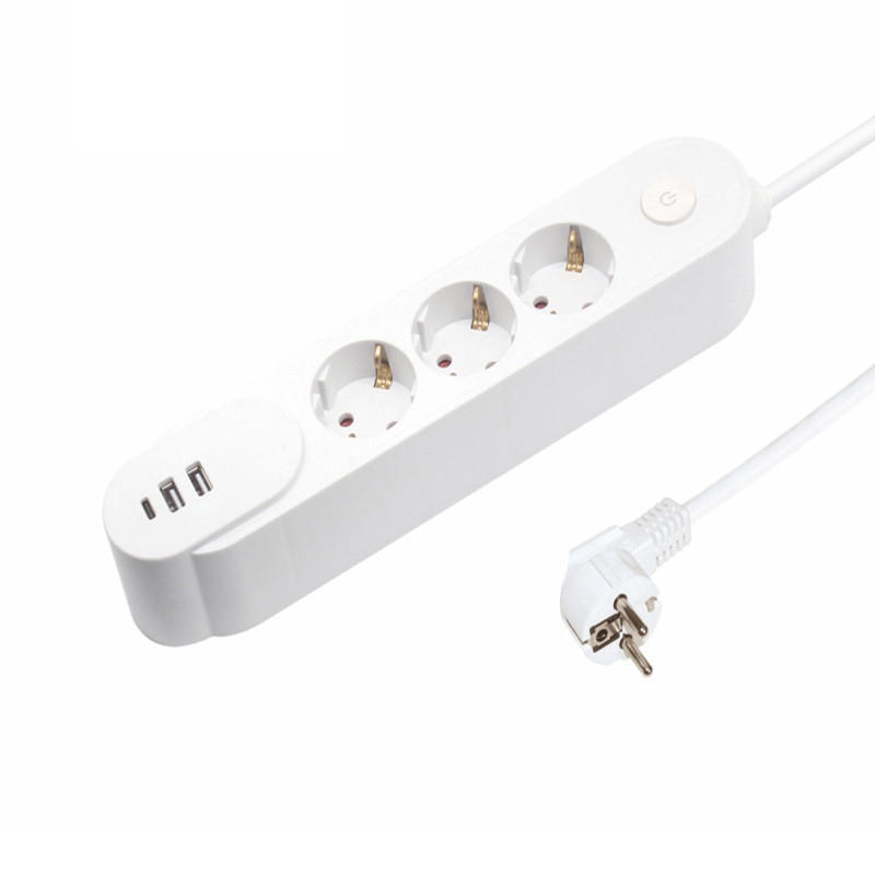 European Standard Socket with Multiple Portable Socket Outlet USB Type A/C Shutters Switch 0.8M Cable Length H05VV-F 3G1.5mm2 Wiring